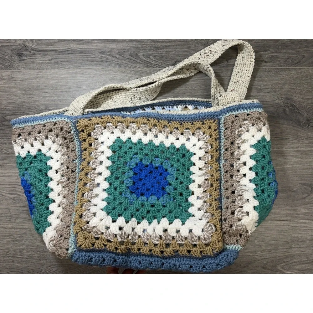 Handmade Crochet Granny Square Large Reversible Tote Bag Boho Hippie Blue Brown
